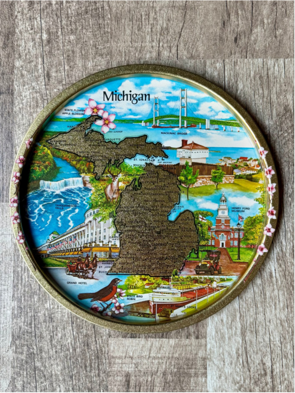 Vintage Michigan Map Metal Souvenir Tray Mackinac Bridge Grand Hotel Metal Wall